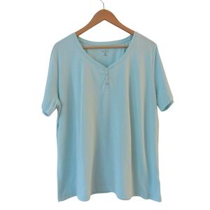 Erika Aqua Blue Short Sleeve Henley Tee Top XL Classic V-neck Cotton Blend